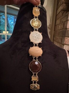 Multi-Stone Gold Tone Statement Bracelet - Peach, Brown, Ivory